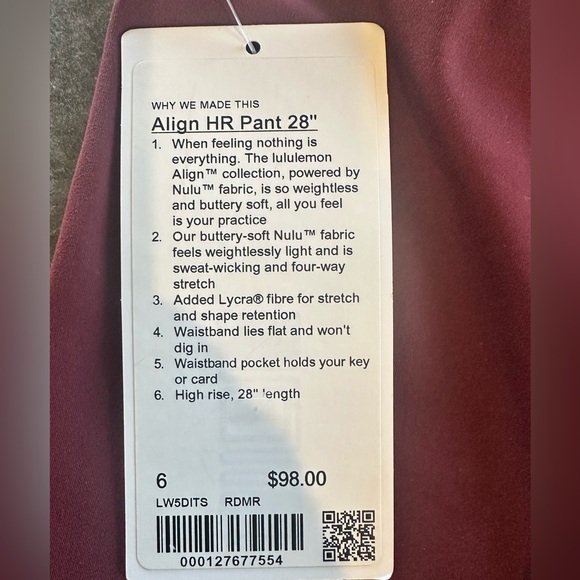 Lululemon Athletica Red Merlot Align High-Rise Pants Size 6 NWT 28” - Picture 11 of 12